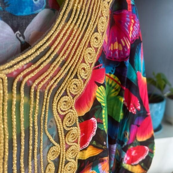 Vibrant Multicolor Maxi Dress with Butterflies and Gold Accents One Size - Picture 14 of 16